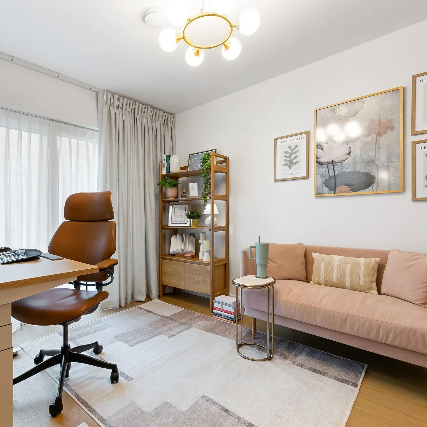 8. Warm Modern Office with Soft Blush Sofa (Office Ideas for Women)