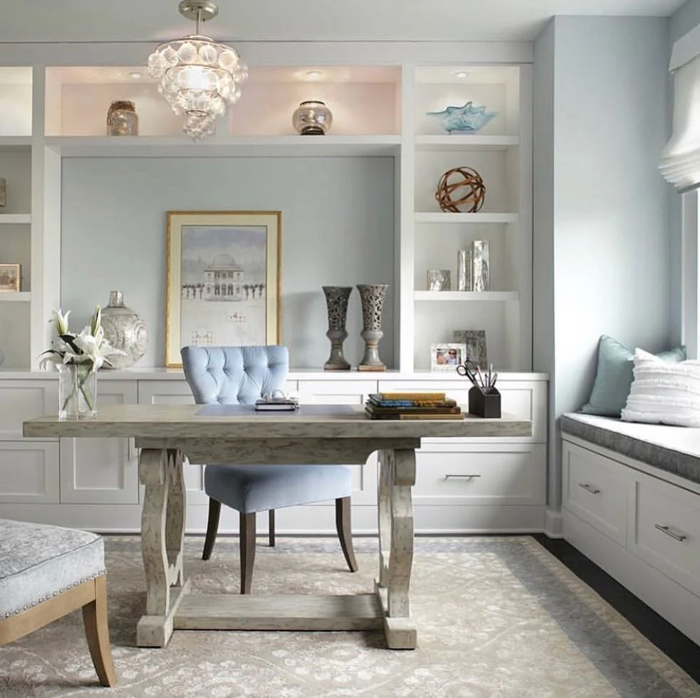 9. Elegant Blue-Gray Office with Built-In Window Bench (Office Ideas for Women)