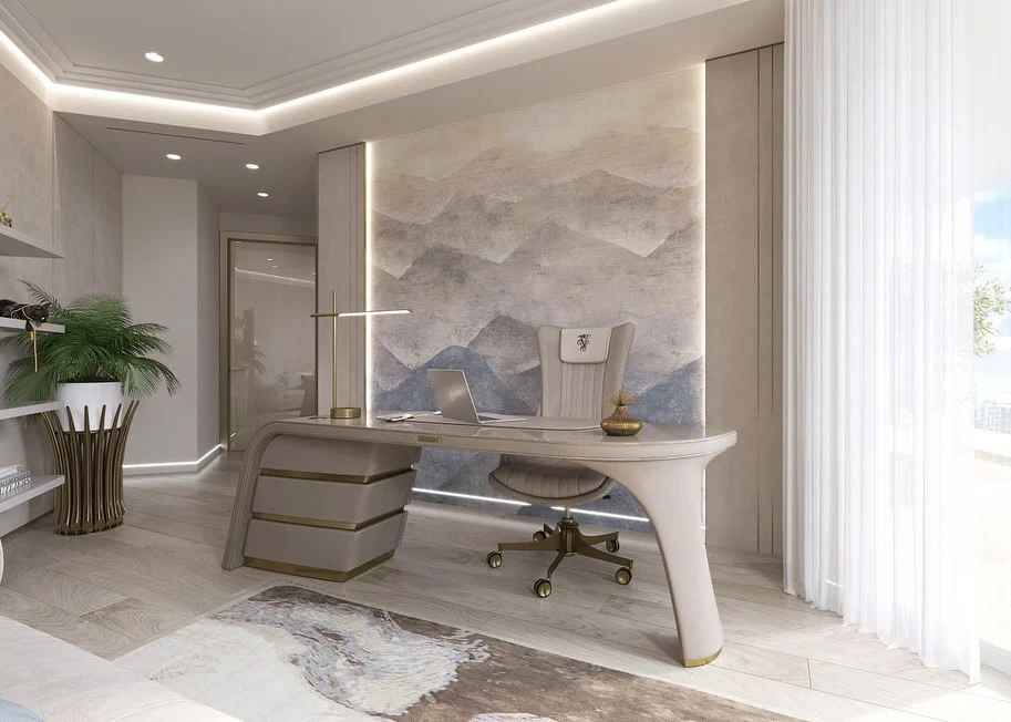 14. Contemporary Luxe Office with Mural Accent Wall (Office Ideas for Women)