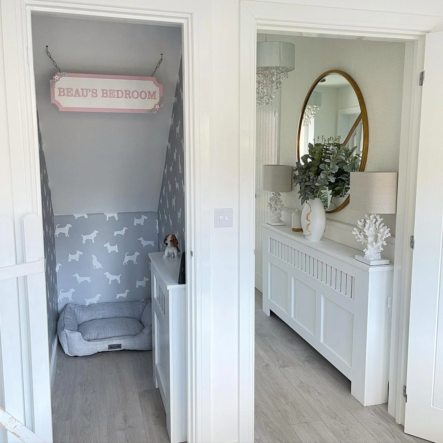 8. Chic Grey Dog Hideaway with Custom Signage (Dog Bedroom Ideas)