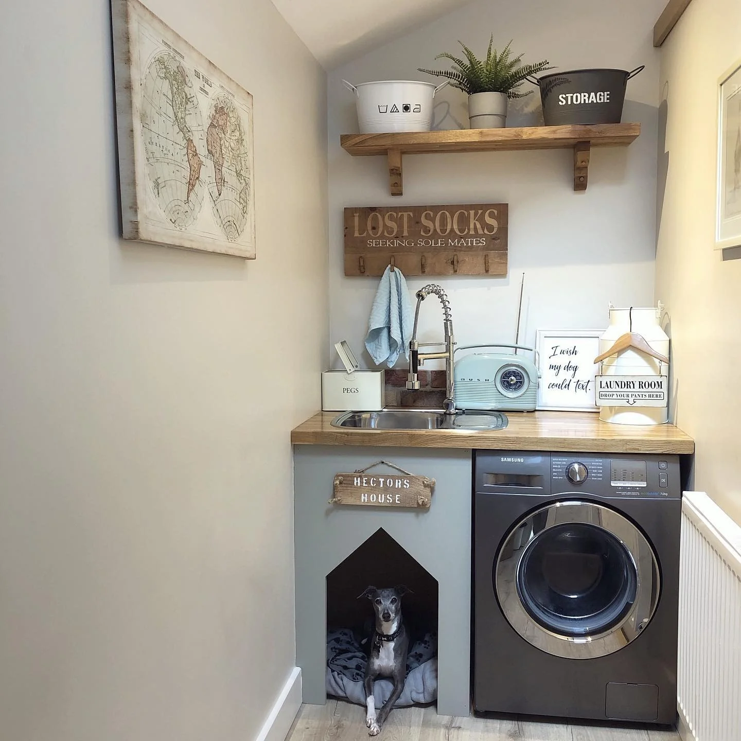 9. Laundry Room Kennel Nook with Industrial Charm (Dog Bedroom Ideas)