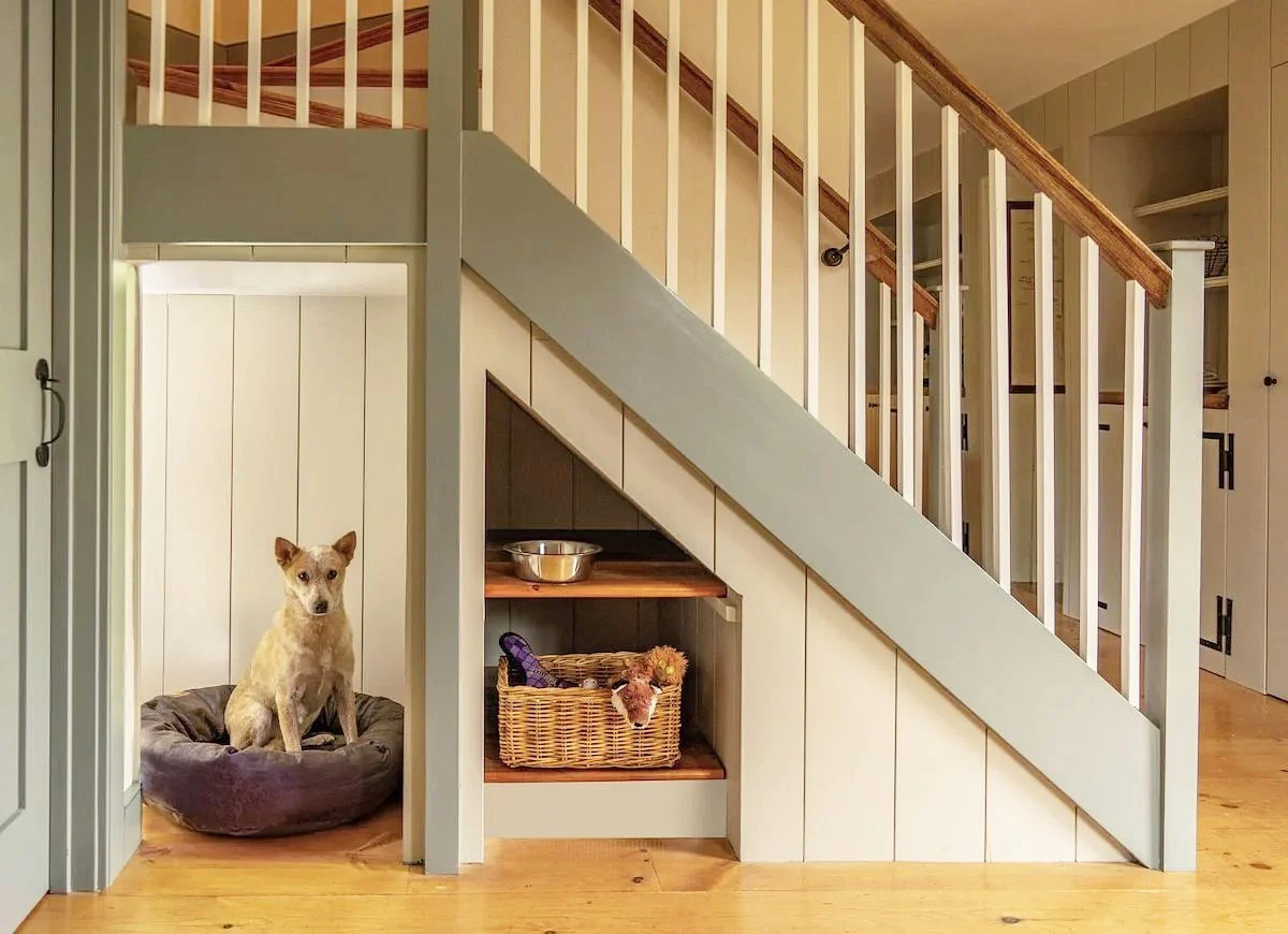 13. Country-Inspired Staircase Kennel in Sage and Natural Oak (Dog Bedroom Ideas)