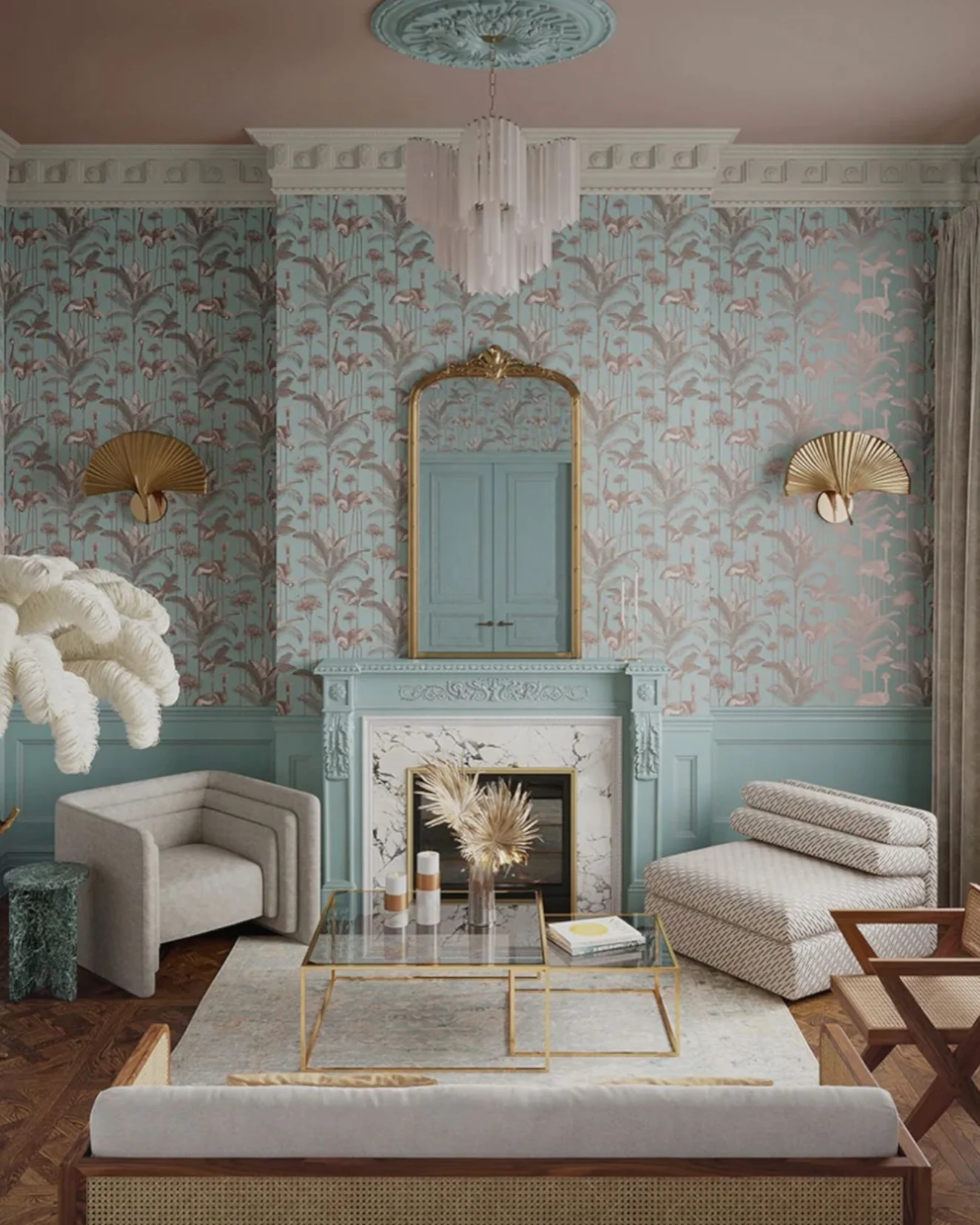 9. Retro Glam Revival in Powder Blue and Gold (Unique Living Room Ideas)