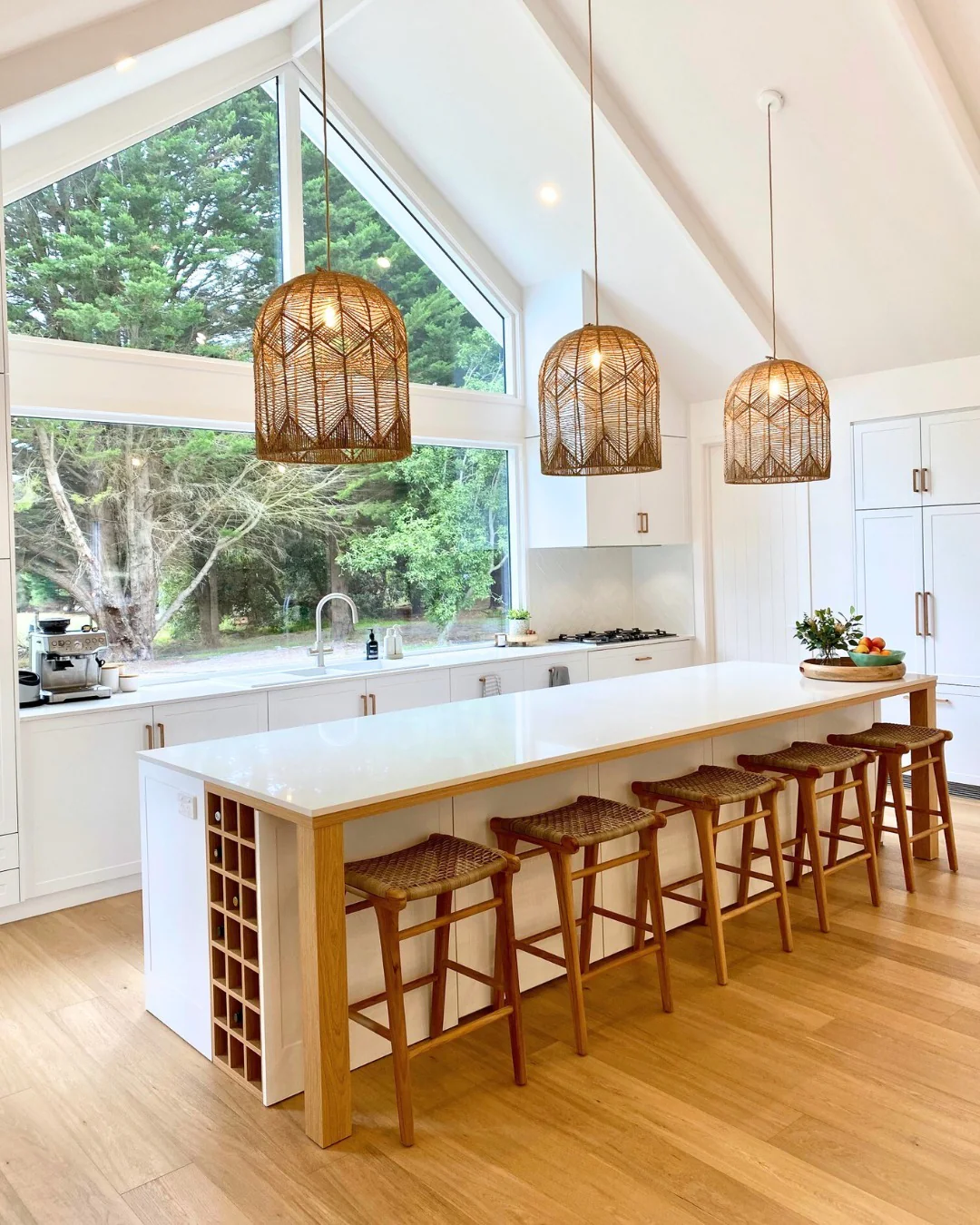 2. Coastal Bright with Natural Weaves (Kitchen Lighting Ideas)
