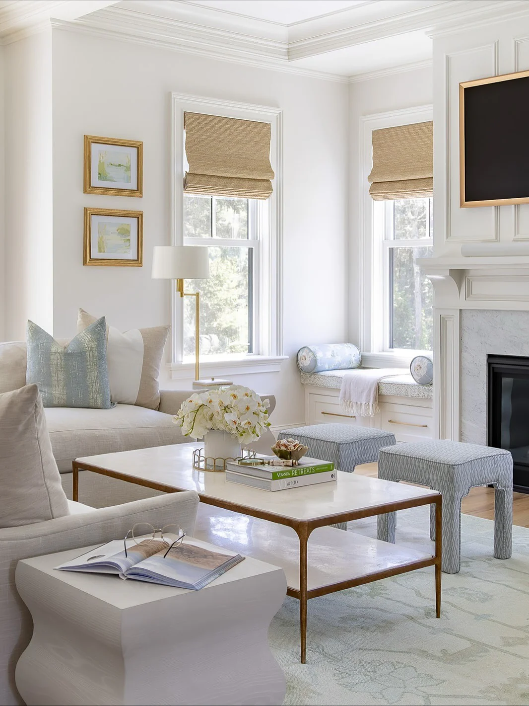 3. Airy Coastal Refinement in Cream and Soft Blue (Aesthetic Living Room Ideas)