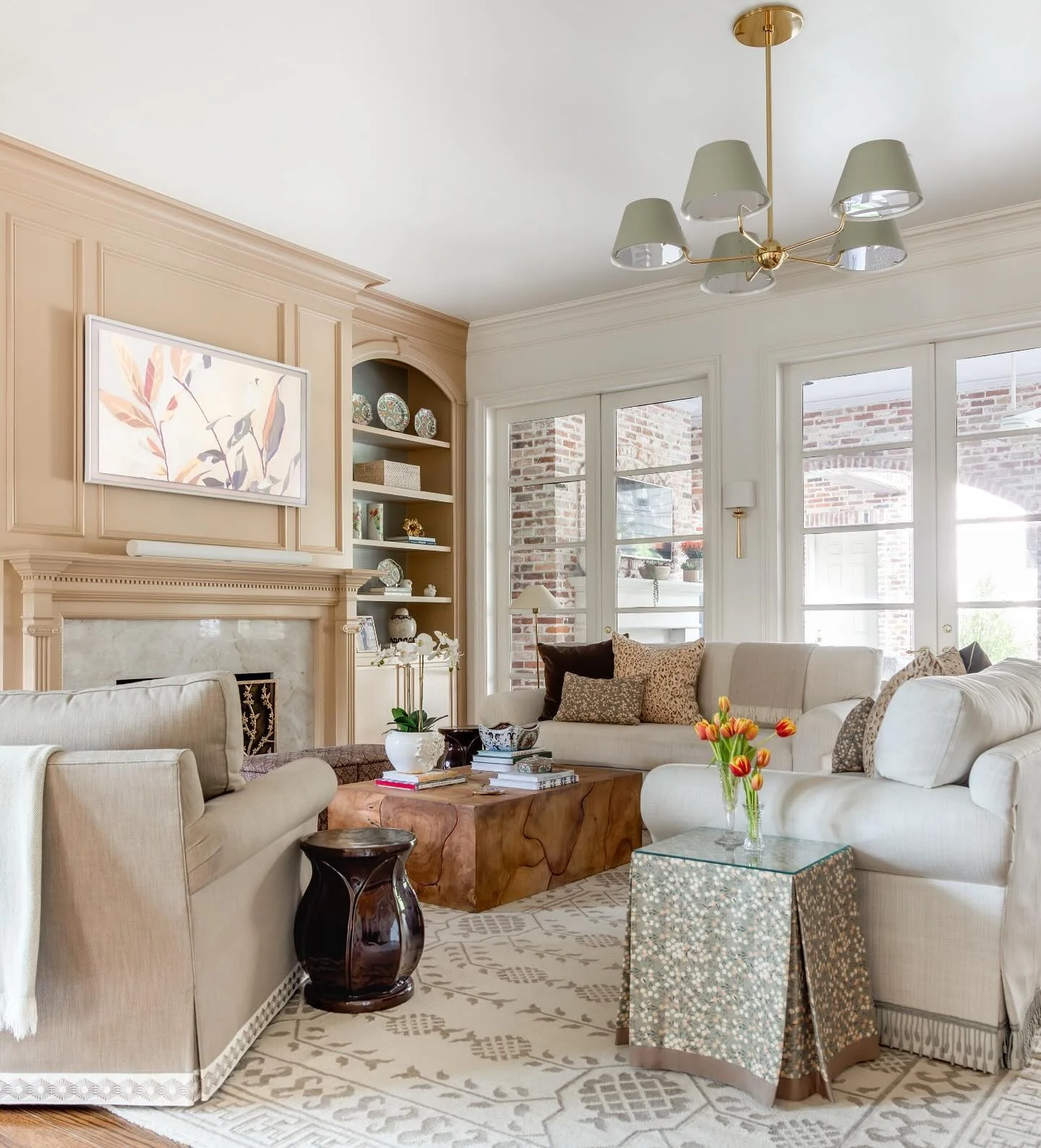 7. Traditional Comfort in Beige and Caramel Layers (Aesthetic Living Room Ideas)