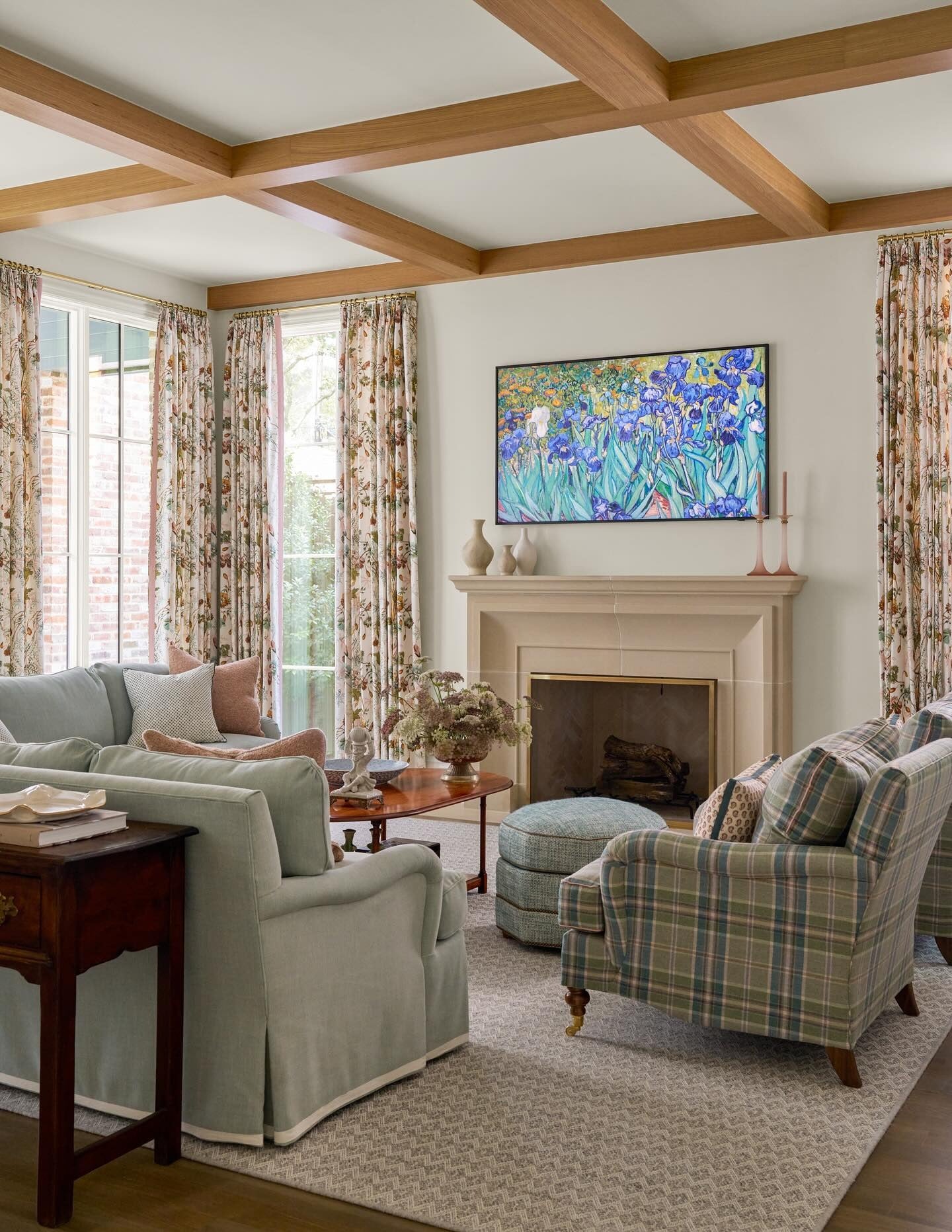 15. Traditional Revival in Soft Blue and Floral Prints (Aesthetic Living Room Ideas)