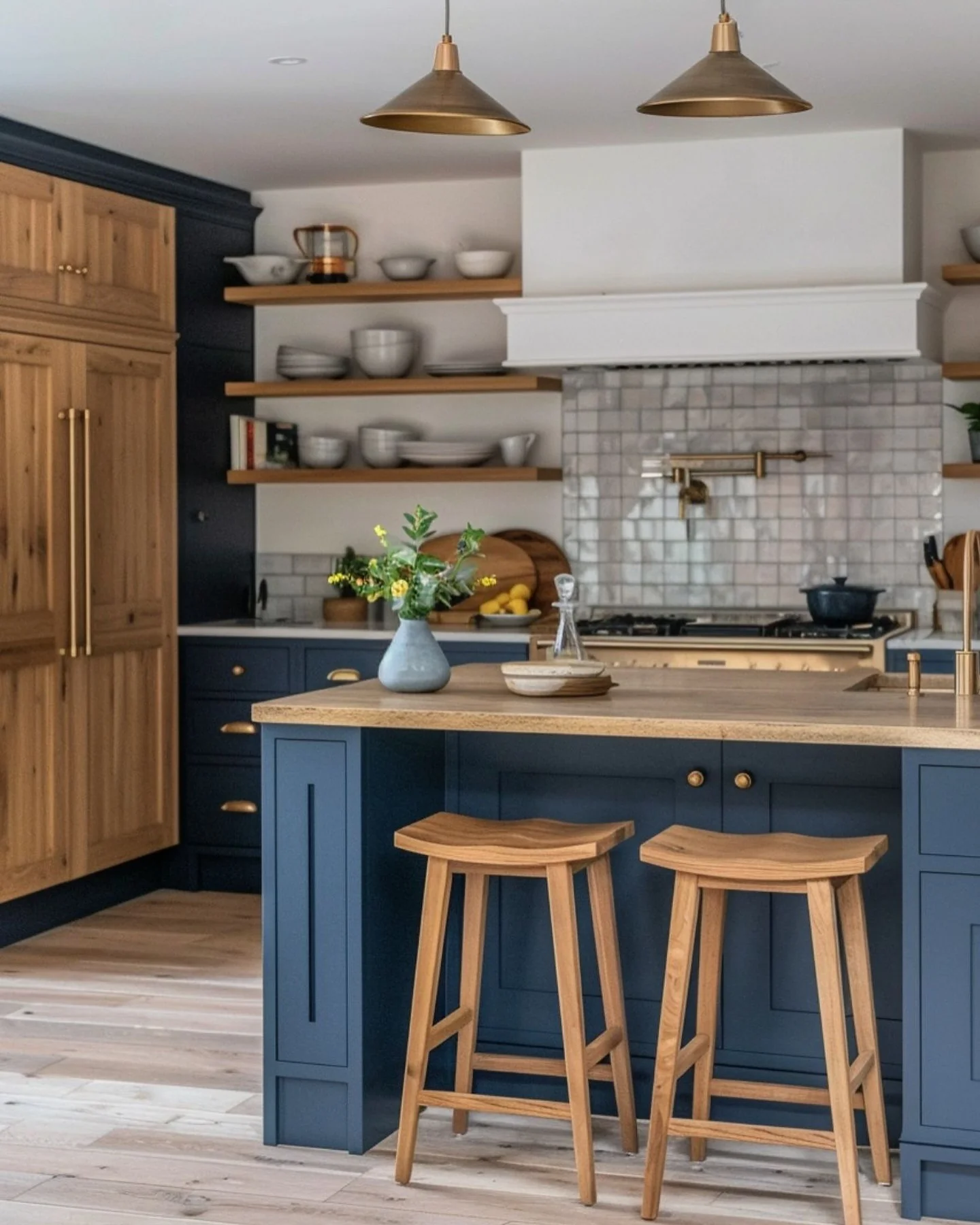 13. Rustic Warmth with Deep Blue and Natural Oak (Dark Blue Kitchen Ideas)