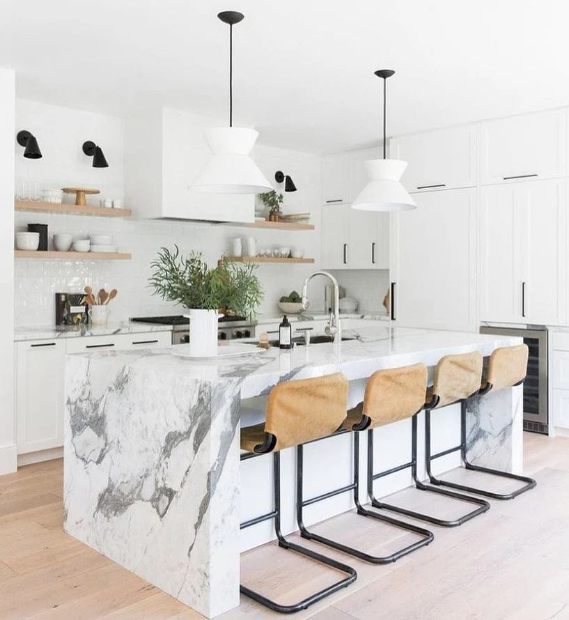 3. Modern Minimalism with Stone Drama (Contemporary Kitchen Ideas)