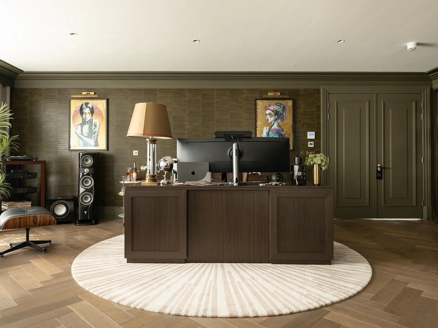 7. Classic Olive Office with Art and Tech (Office Ideas for Men)