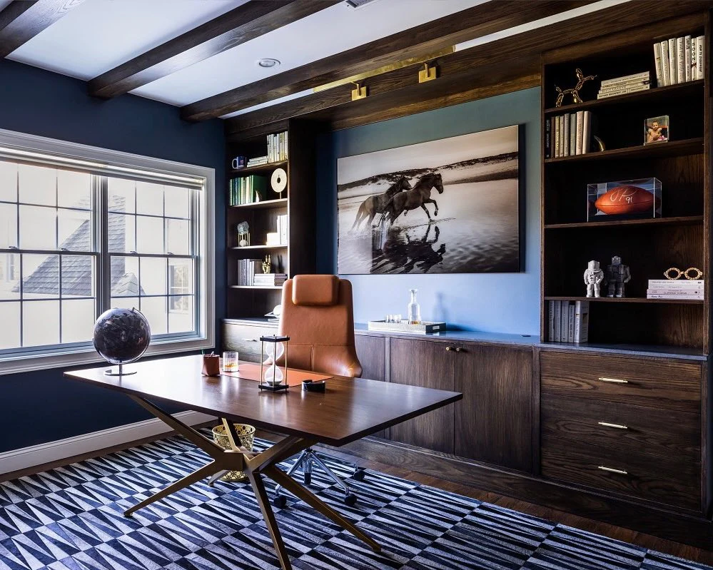 12. Navy and Walnut Office with Masculine Edge (Office Ideas for Men)