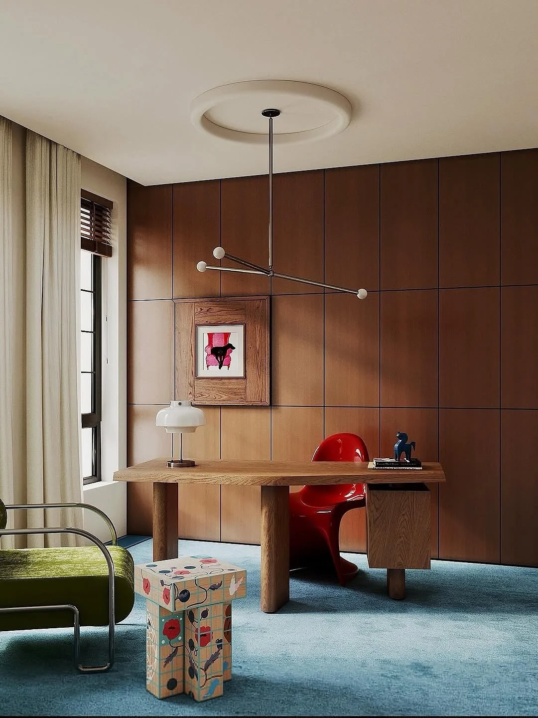 11. Mid-Century Modern Office with Bold Accents (Office Ideas for Men)