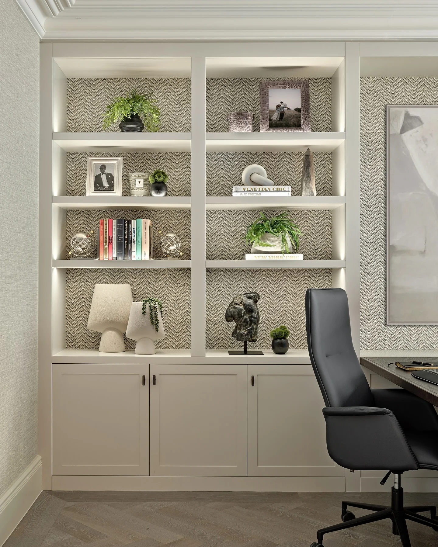 10. Light Contemporary Office with Display Shelves (Office Ideas for Men)