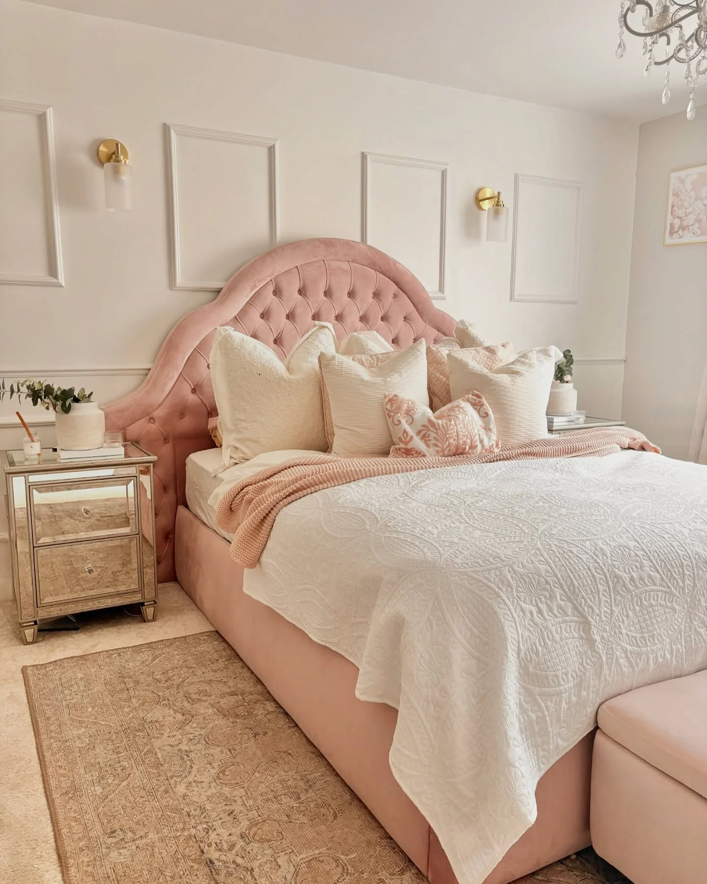 2. Blush Elegance with Subtle Glamour (Blank Wall Bedroom Ideas)