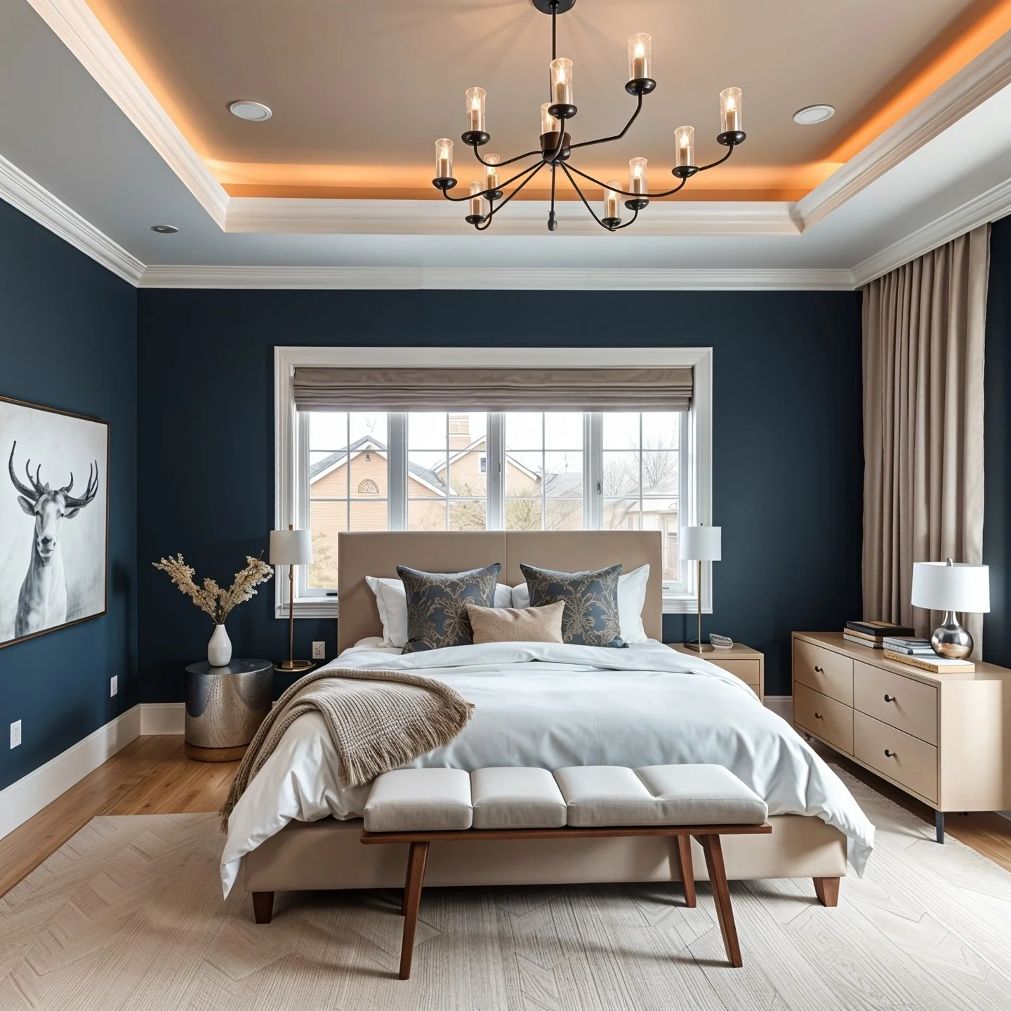 11. Elegant Navy Bedroom with Warm Neutrals (Blue Wall Bedroom Ideas)