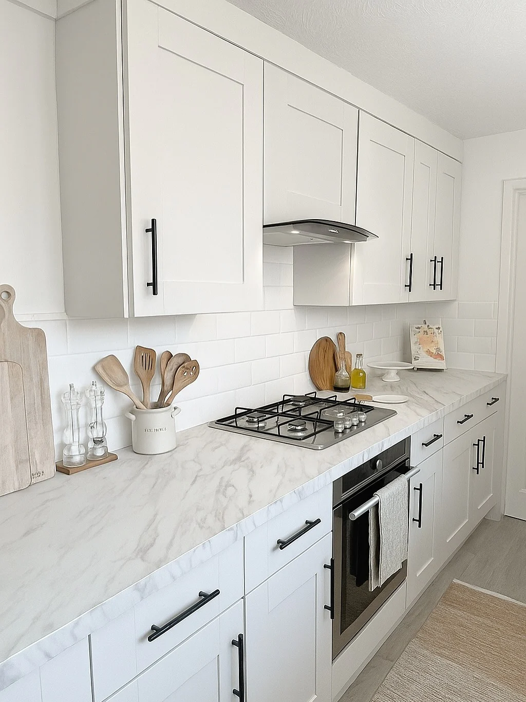 4. Subtle Marble Accents in a White Galley Kitchen (Small White Kitchen Ideas)