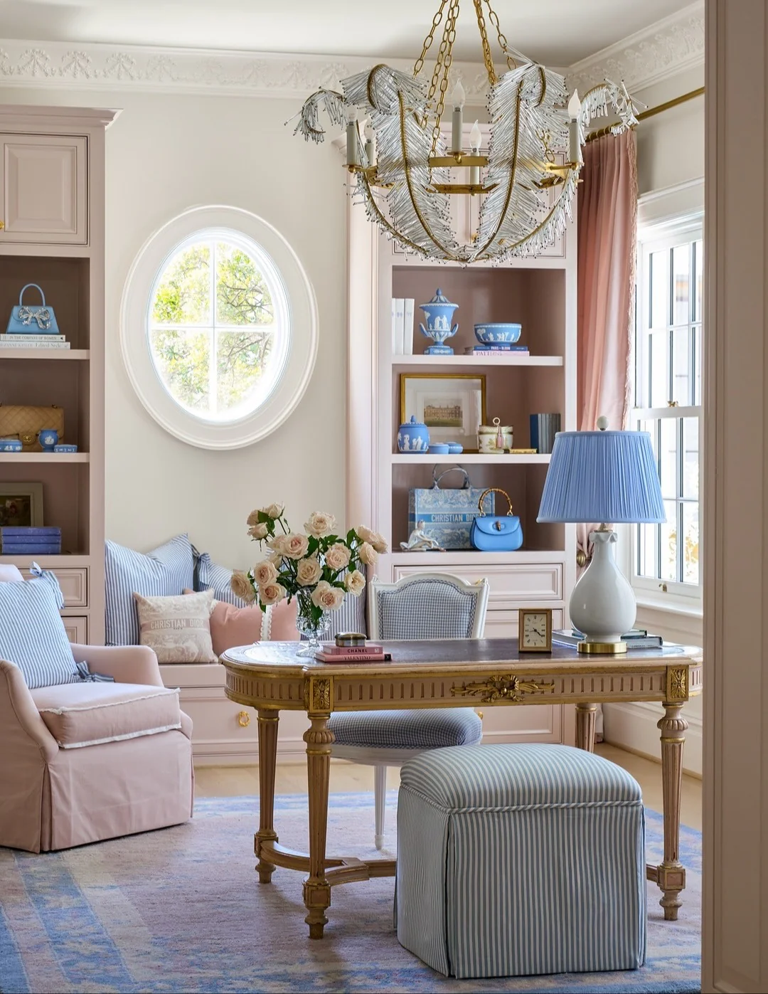 3. Elegant French-Inspired Study in Blue and Blush (Feminine Home Office Ideas)