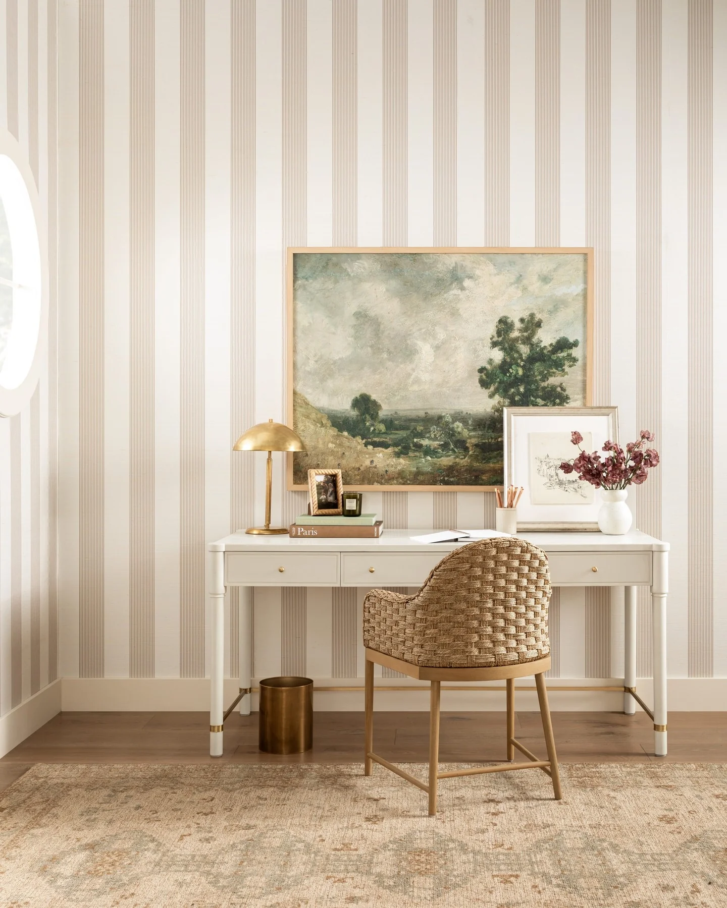 5. Striped Statement Workspace with Woven Accents (Feminine Home Office Ideas)