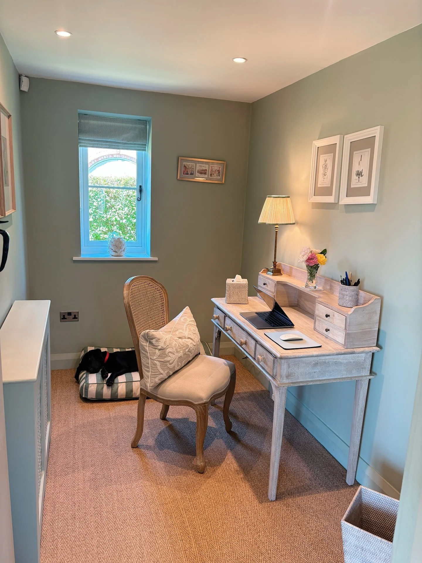 7. Soft Sage Workspace with Cozy Details (Feminine Home Office Ideas)