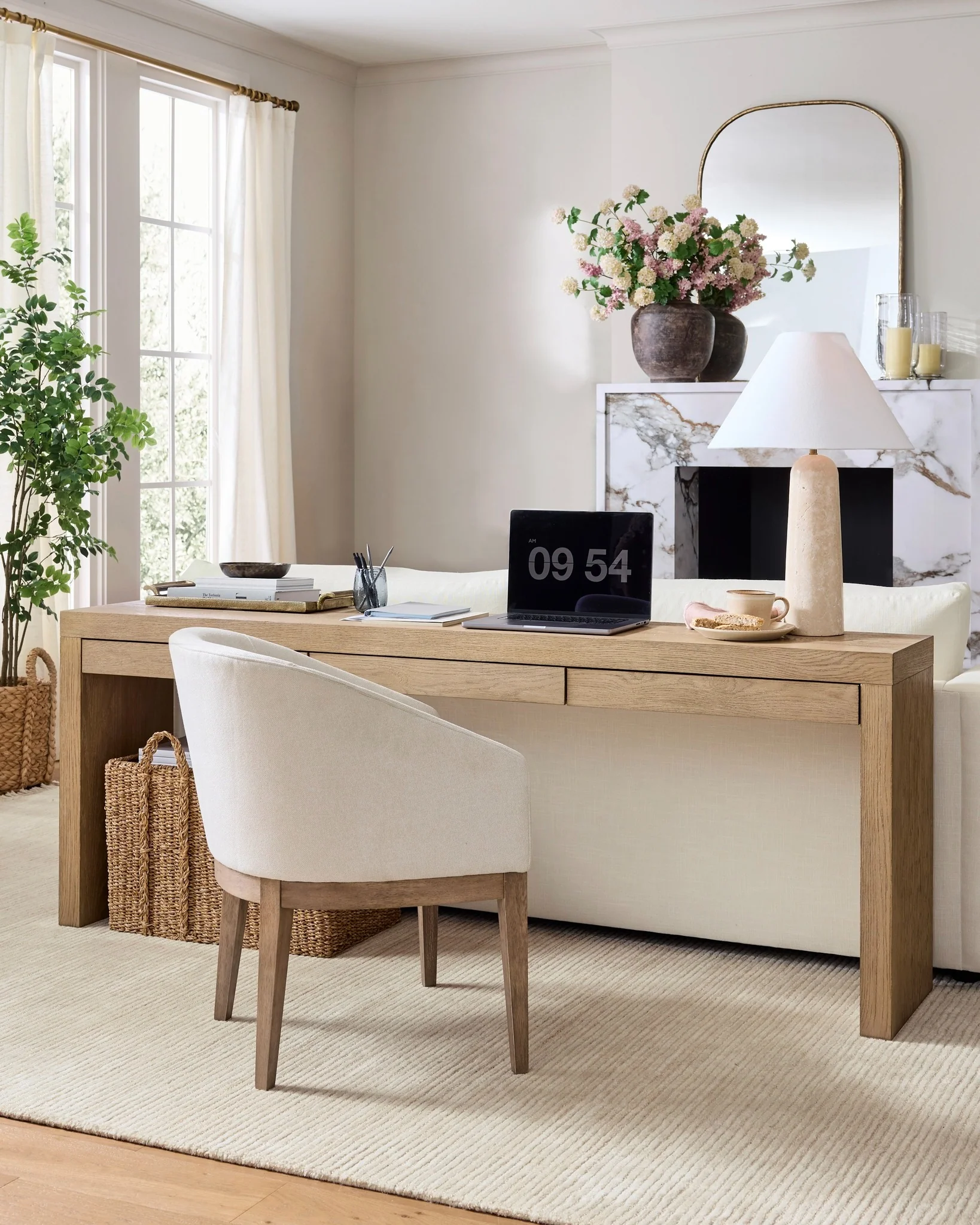 11. Neutral Elegance with Soft Florals (Feminine Home Office Ideas)