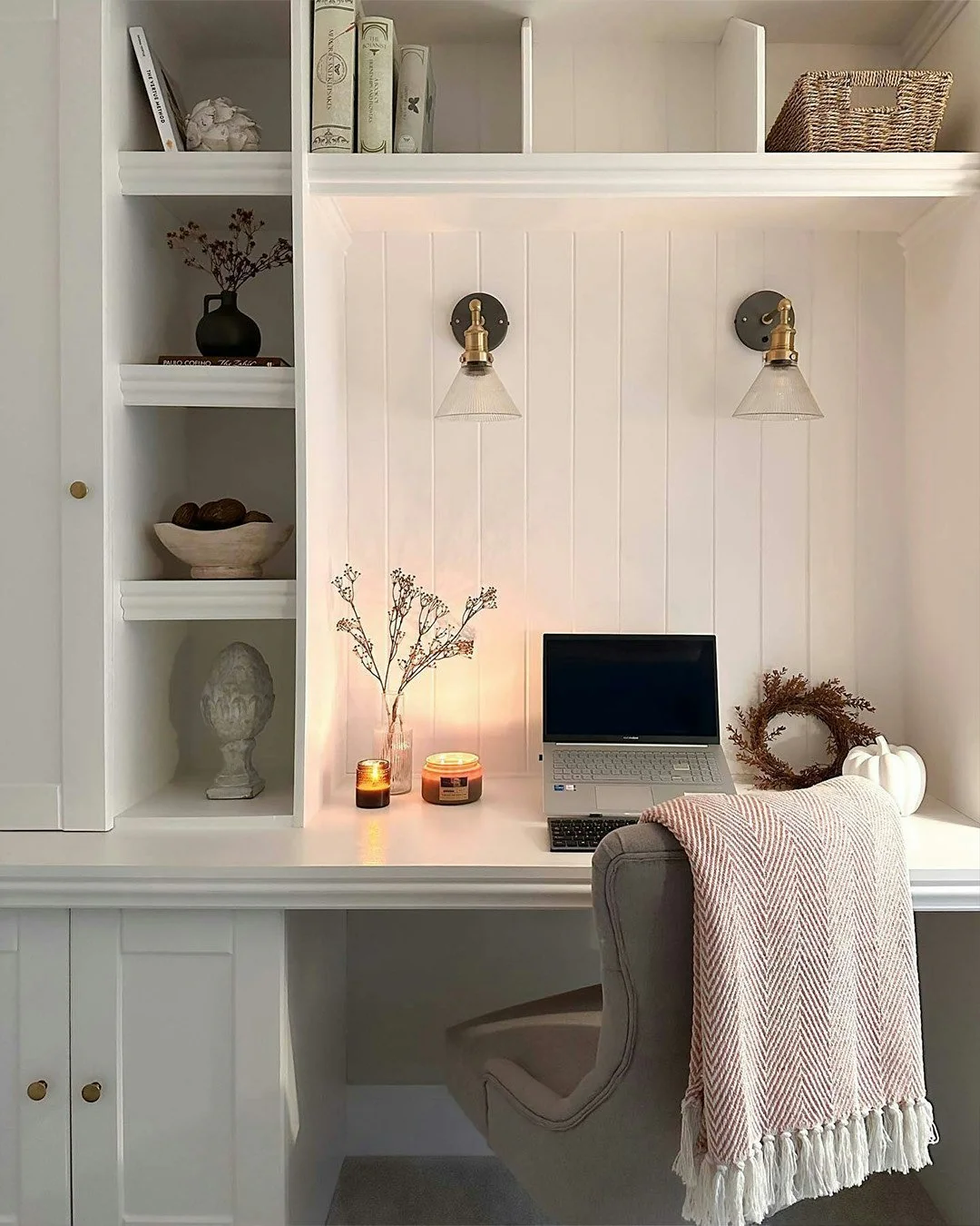 10. Cozy Built-In Workspace with Warm Lighting (Feminine Home Office Ideas)