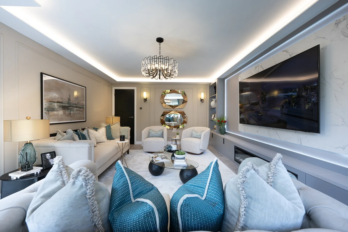 7. Luxe Layers in Gray and Teal (Gray and Blue Living Room Ideas)