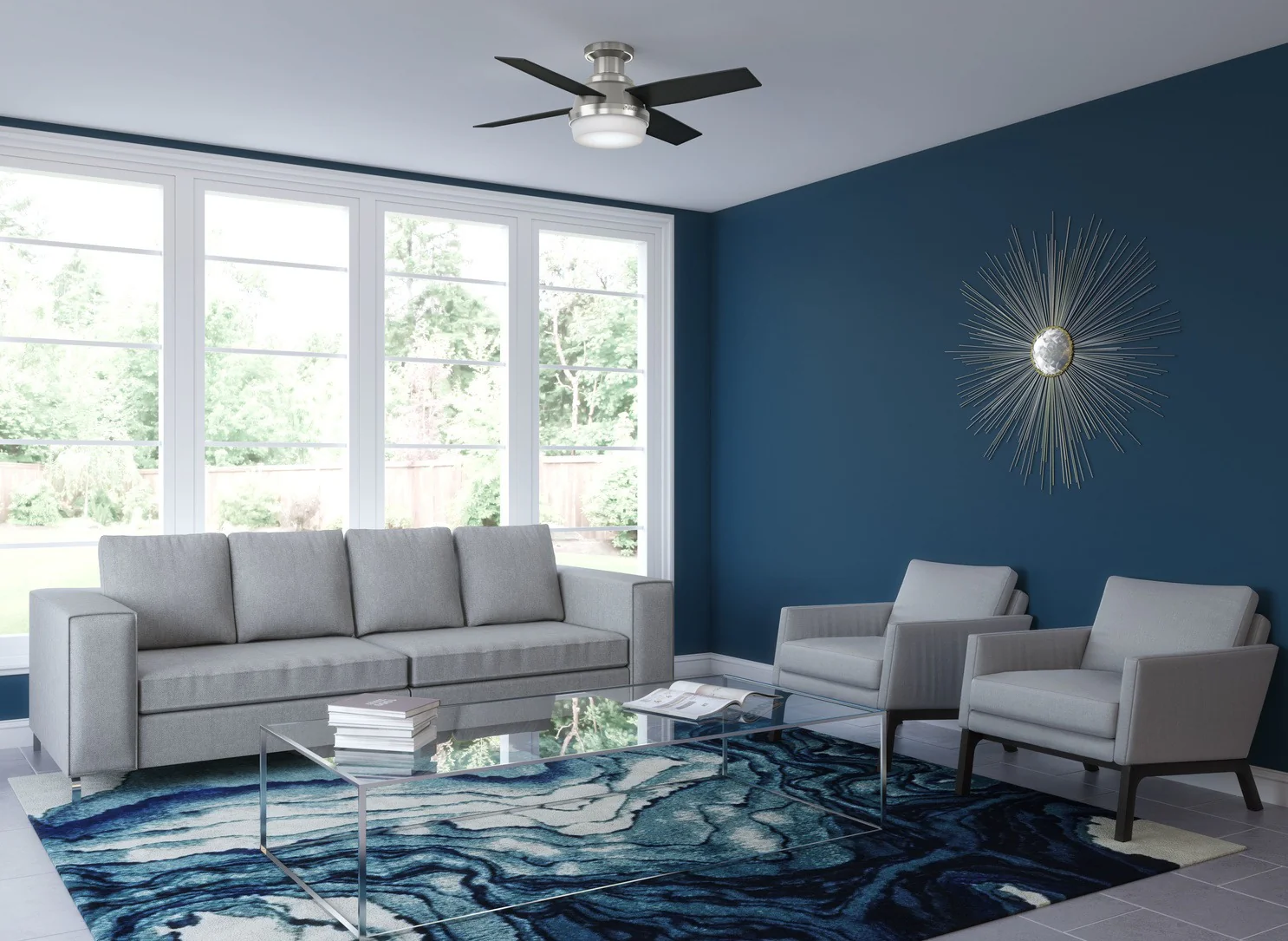 8. Modern Clarity with Blue Feature Wall (Gray and Blue Living Room Ideas)