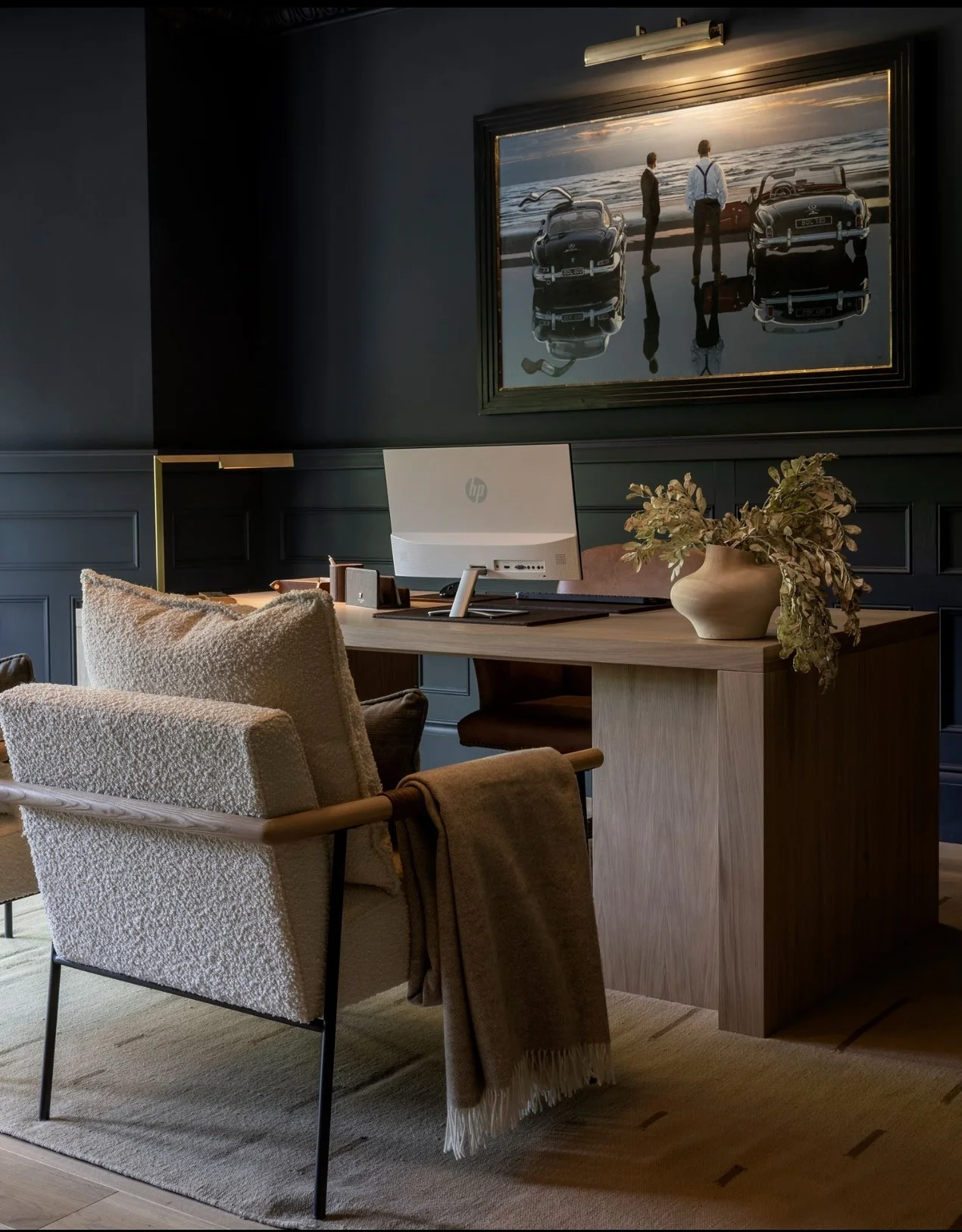 3. Modern Noir with Warm Wood Desk (Dark Home Office Ideas)