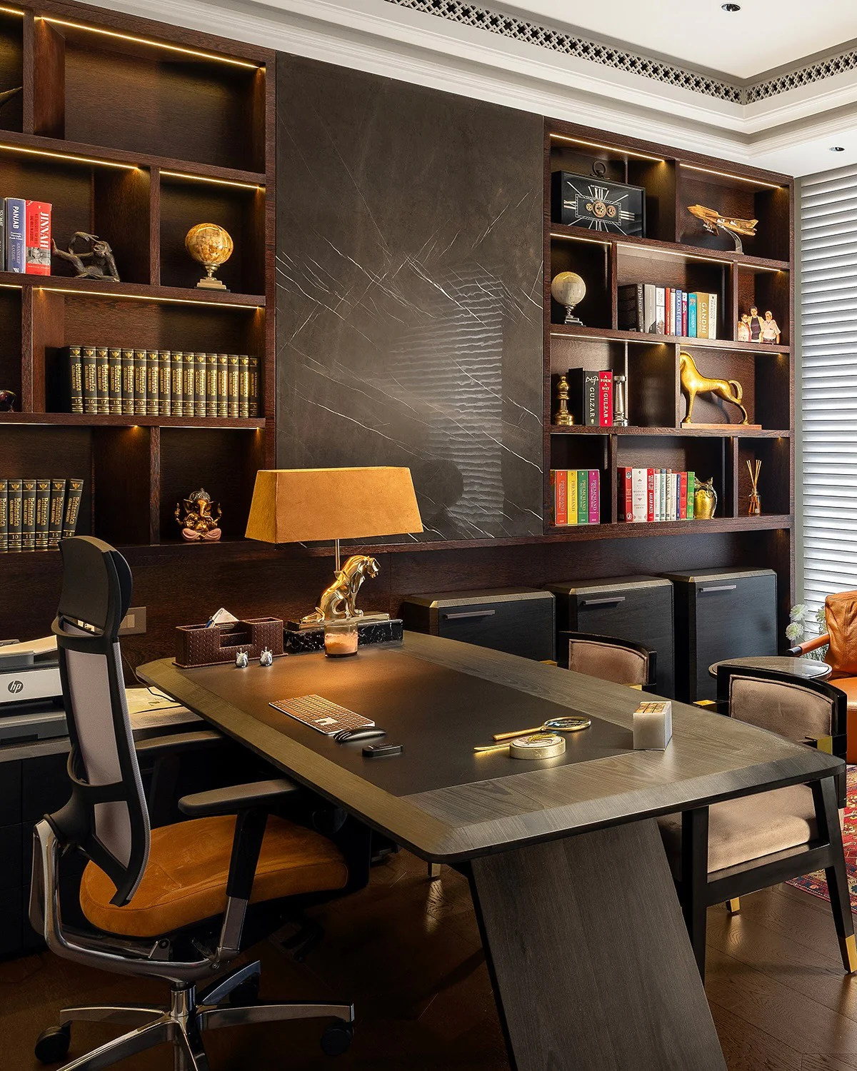 4. Classic Dark Wood with Illuminated Shelves (Dark Home Office Ideas)