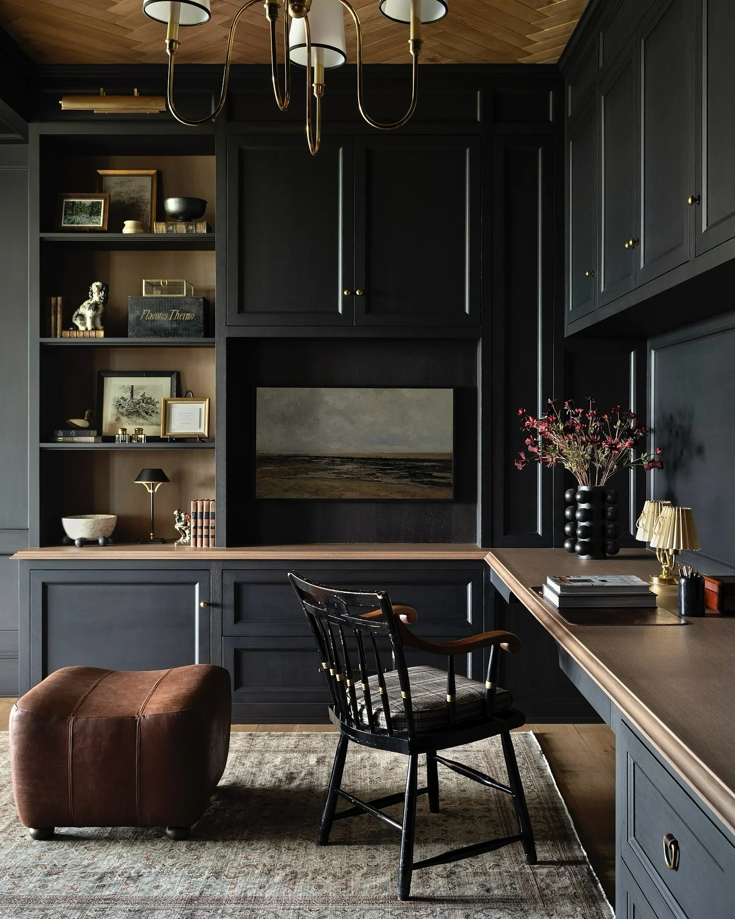 8. Black Cabinetry with Brass and Warm Wood (Dark Home Office Ideas)