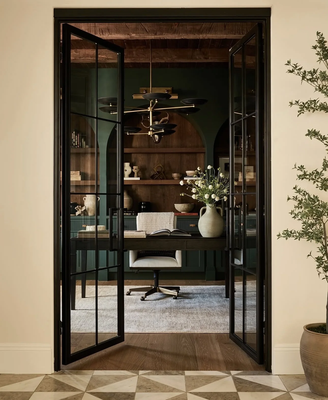 9. Deep Green Library-Inspired Office (Dark Home Office Ideas)