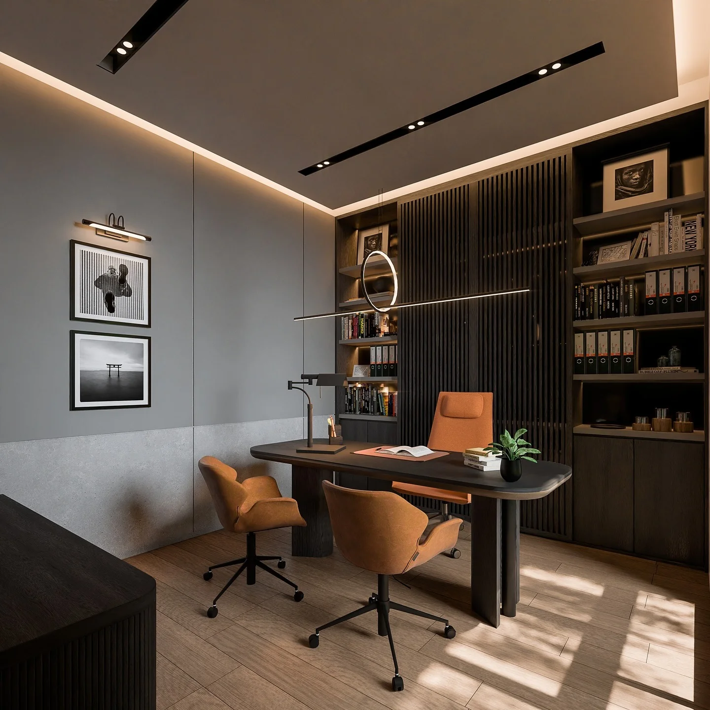 12. Contemporary Gray and Burnt Orange Office (Dark Home Office Ideas)