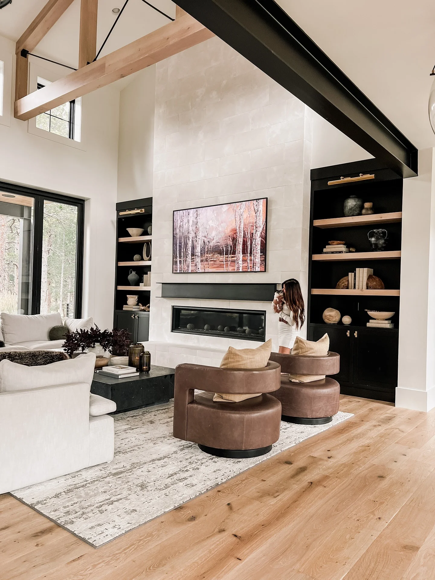 5. Contemporary Farmhouse with Rich Contrast (Modern Farmhouse Living Room Ideas)