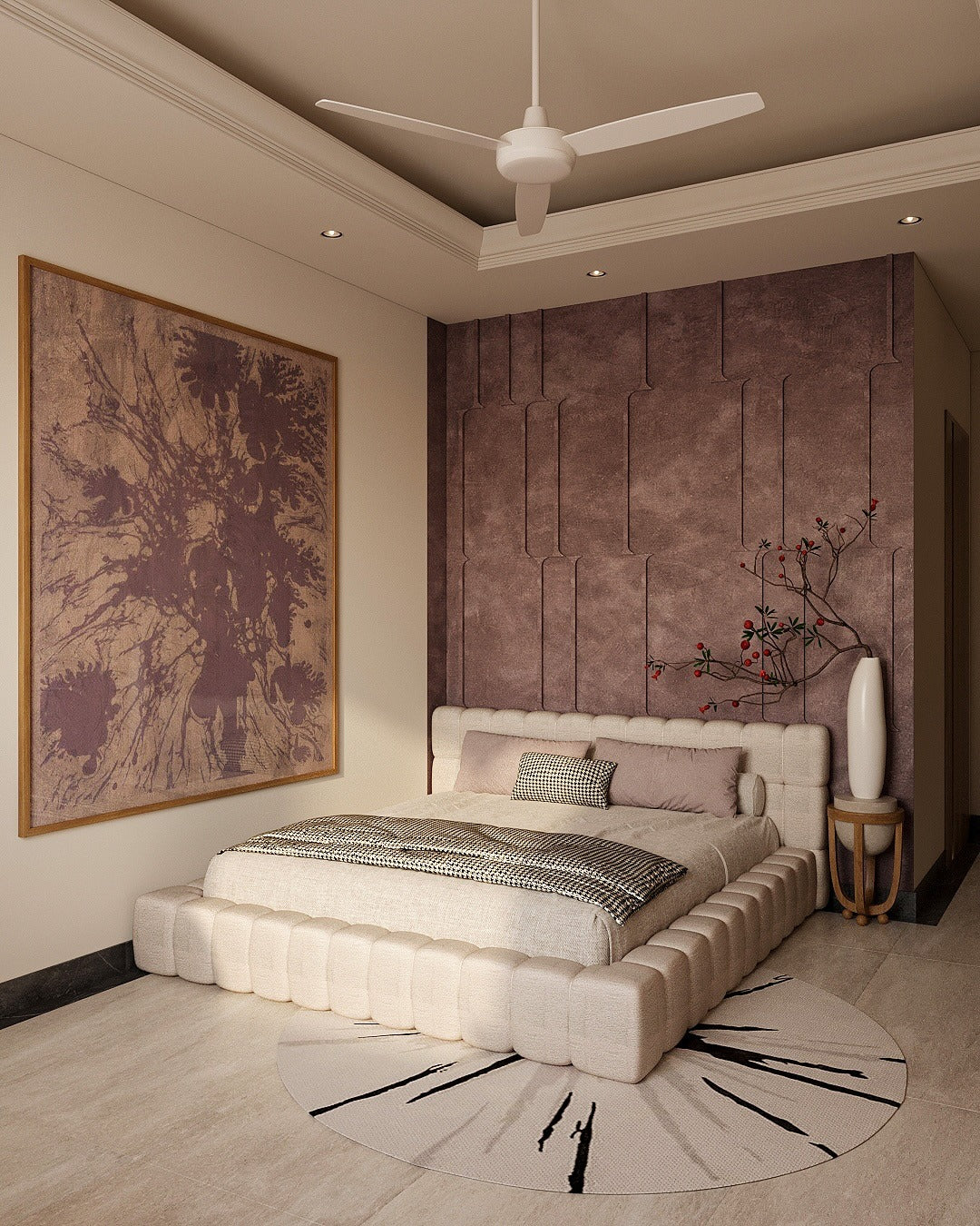 4. Modern Artistry in Taupe and Mauve (Main Bedroom Ideas)