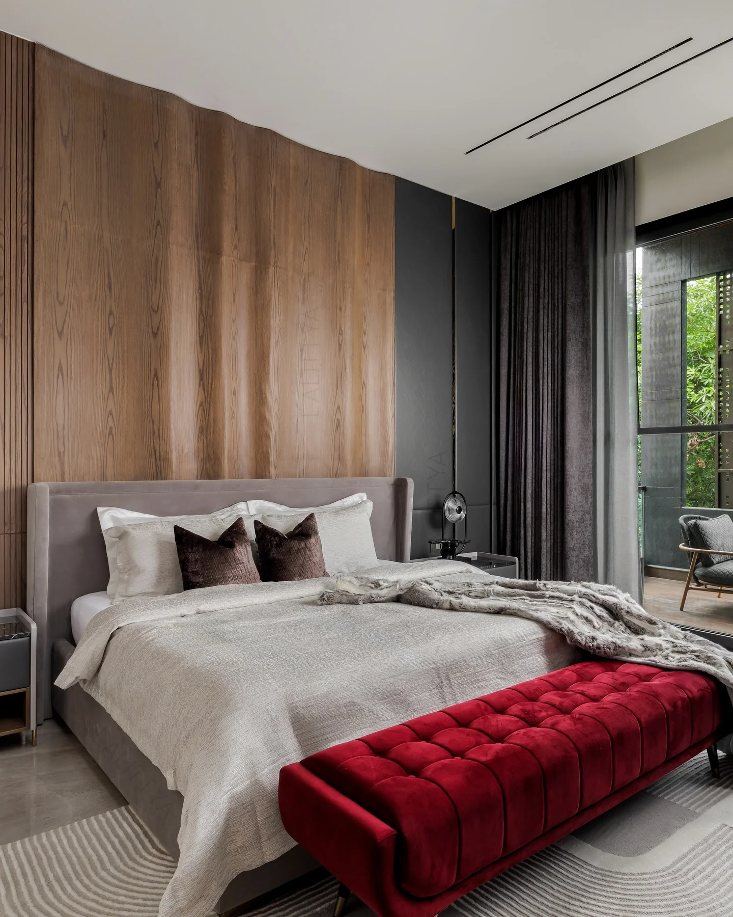 5. Contemporary Contrast with Red Accents (Main Bedroom Ideas)
