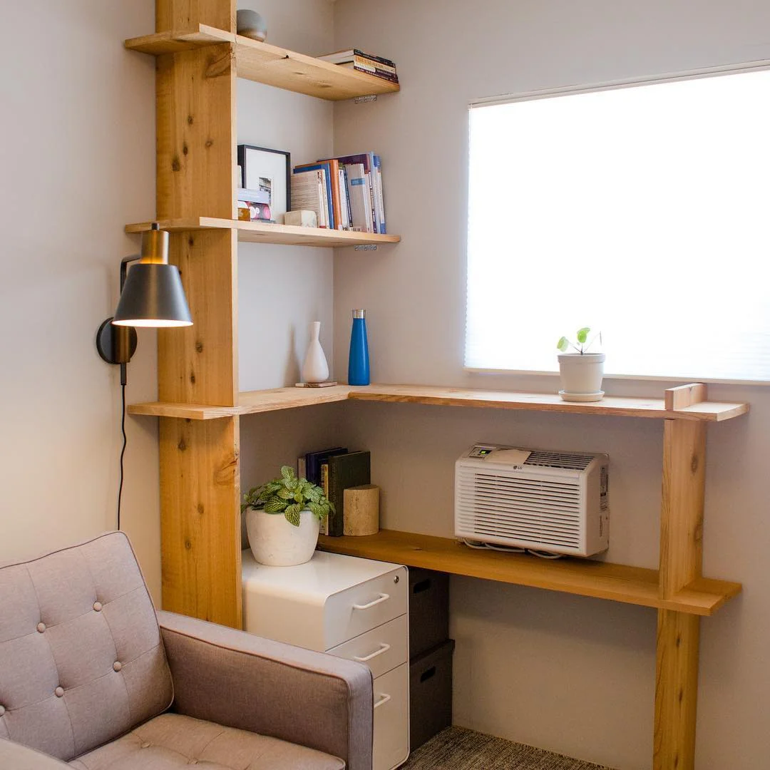 14. Minimal Wood with Compact Storage (Small Therapy Office Decor Ideas)