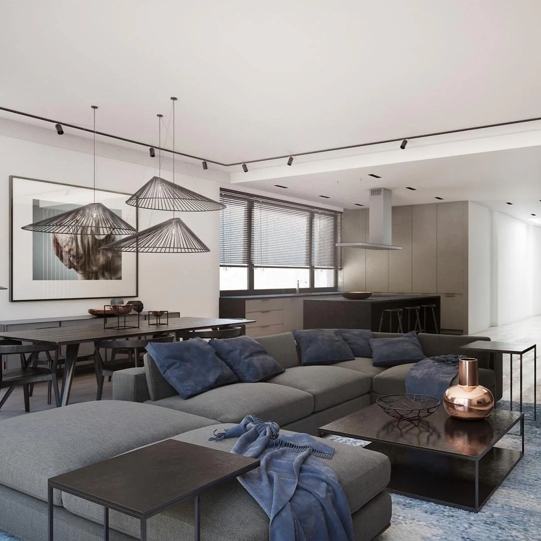 3. Open-Plan Elegance with Charcoal and Blue Accents (Grey and Blue Living Room Ideas)