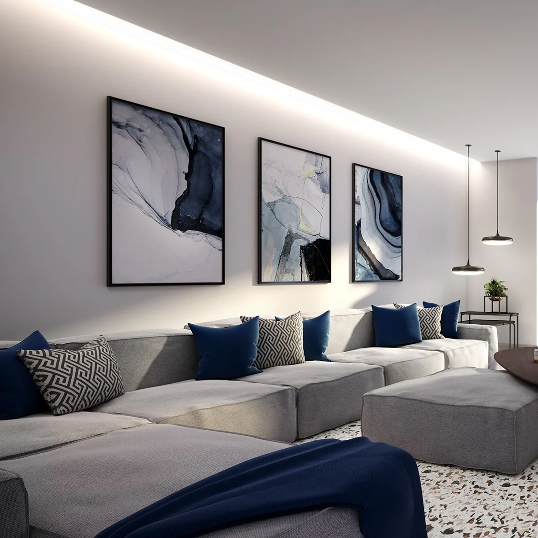 8. Contemporary Grey with Abstract Wall Art (Grey and Blue Living Room Ideas)