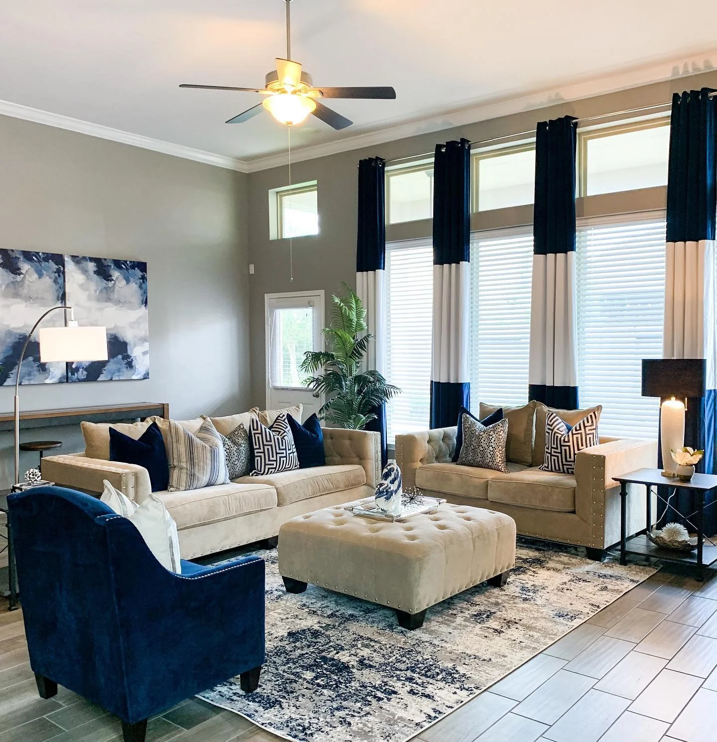 13. Bold Contrast with Beige and Navy Pairing (Grey and Blue Living Room Ideas)