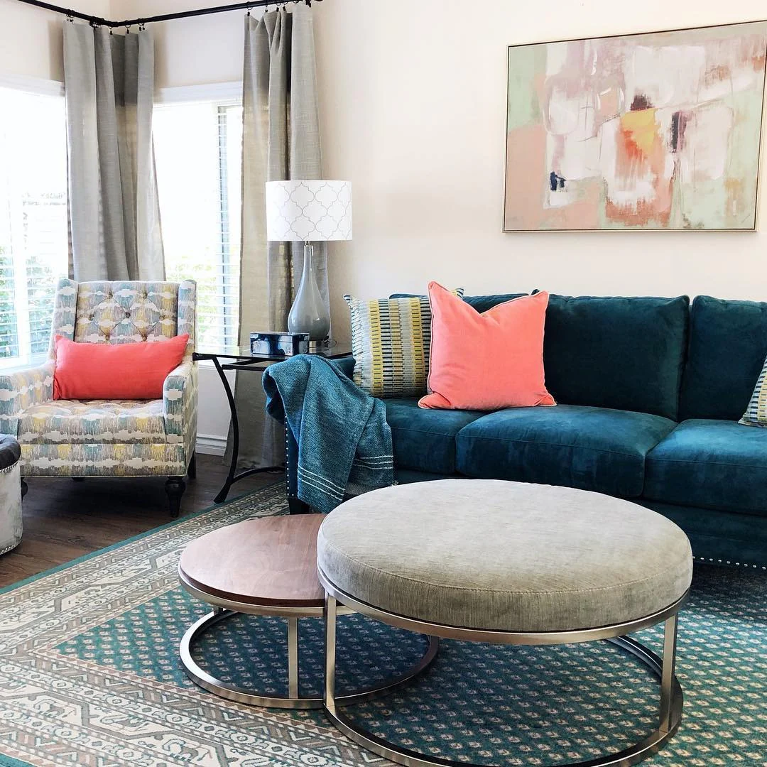 5. Playful Contrast with Coral and Teal (Teal and Grey Living Room Ideas)