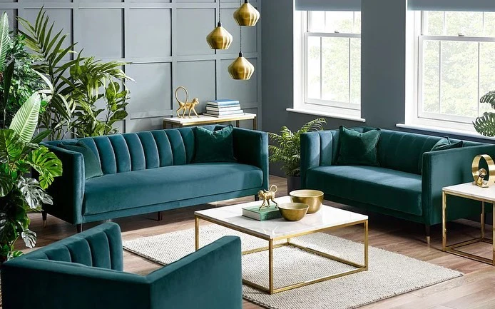 10. Velvet Sophistication with Gold Accents (Teal and Grey Living Room Ideas)