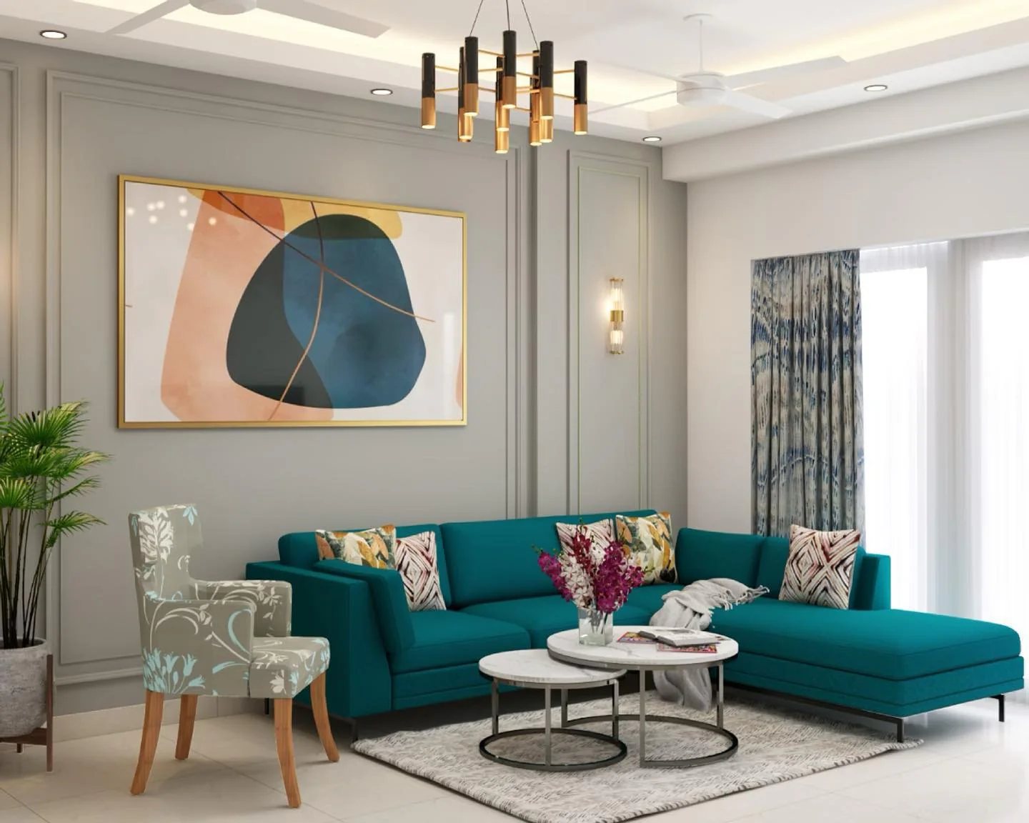 11. Modern Elegance with Teal Sectional (Teal and Grey Living Room Ideas)