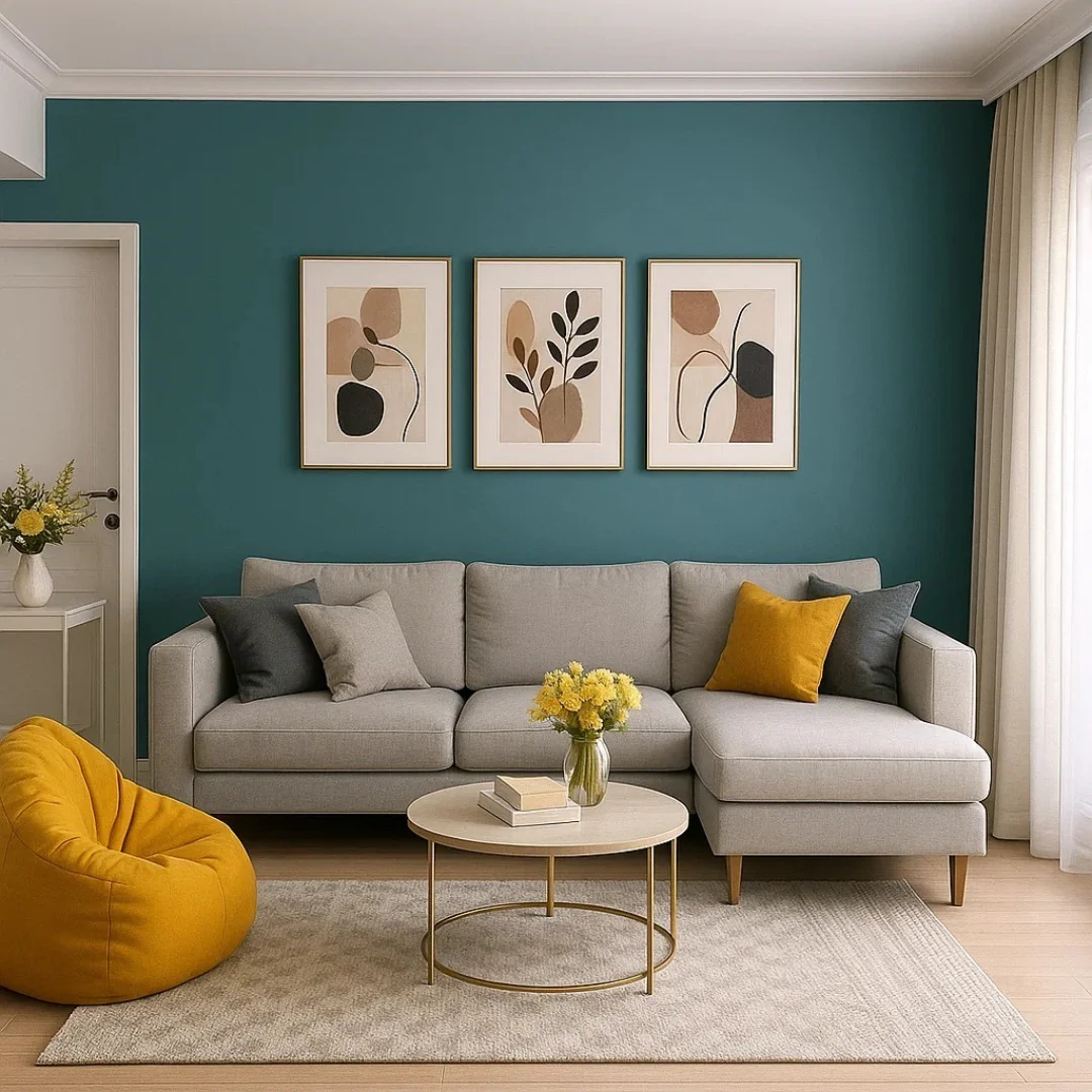 13. Teal Accent Wall with Grey Seating (Teal and Grey Living Room Ideas)