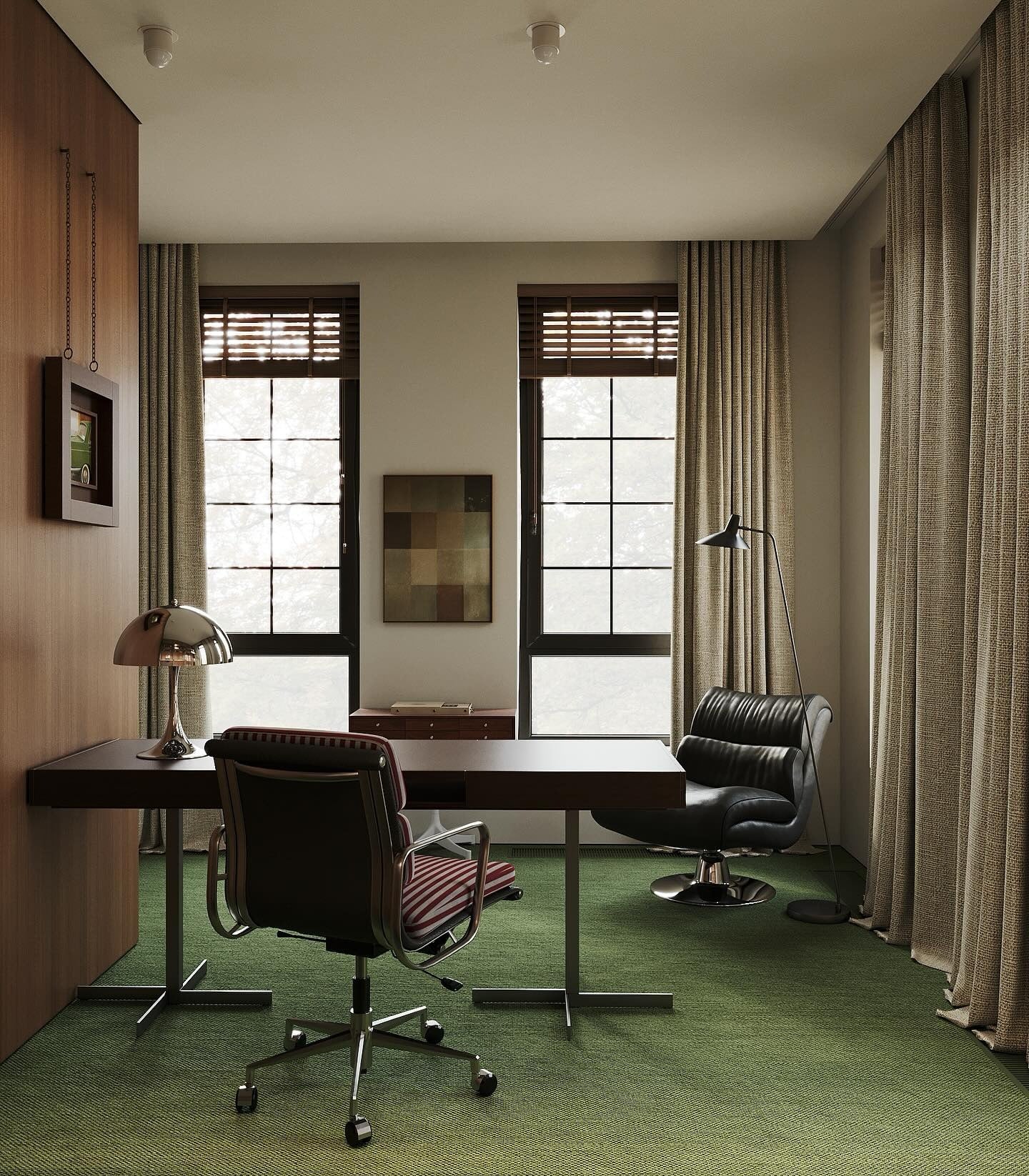 5. Retro-Inspired Office with Green Carpet (Corporate Office Ideas)