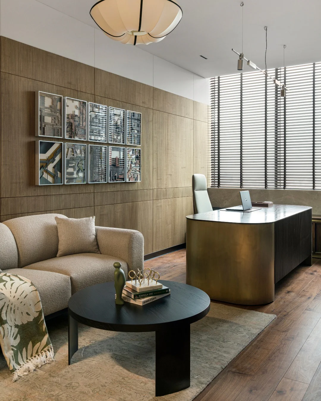 10. Executive Suite with Brass and Wood Elegance (Corporate Office Ideas)