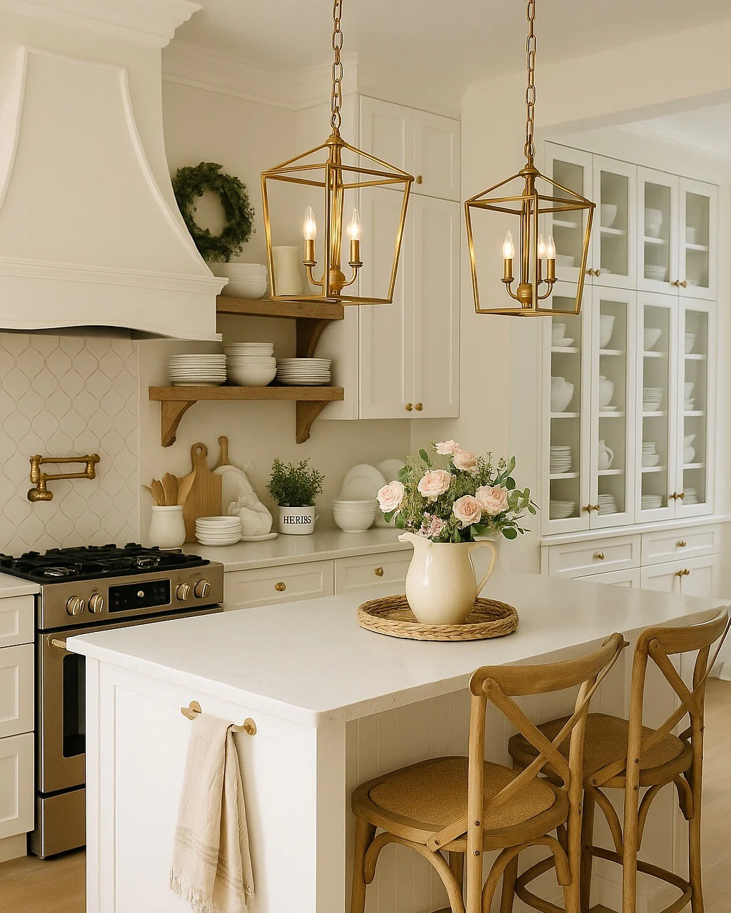 4. Classic White with Warm Wood Accents (Kitchen Centerpiece Ideas)