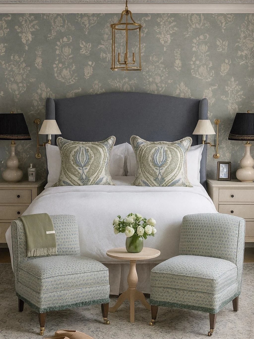 5. Traditional Elegance with Refined Florals (Gray and Blue Bedroom Ideas)