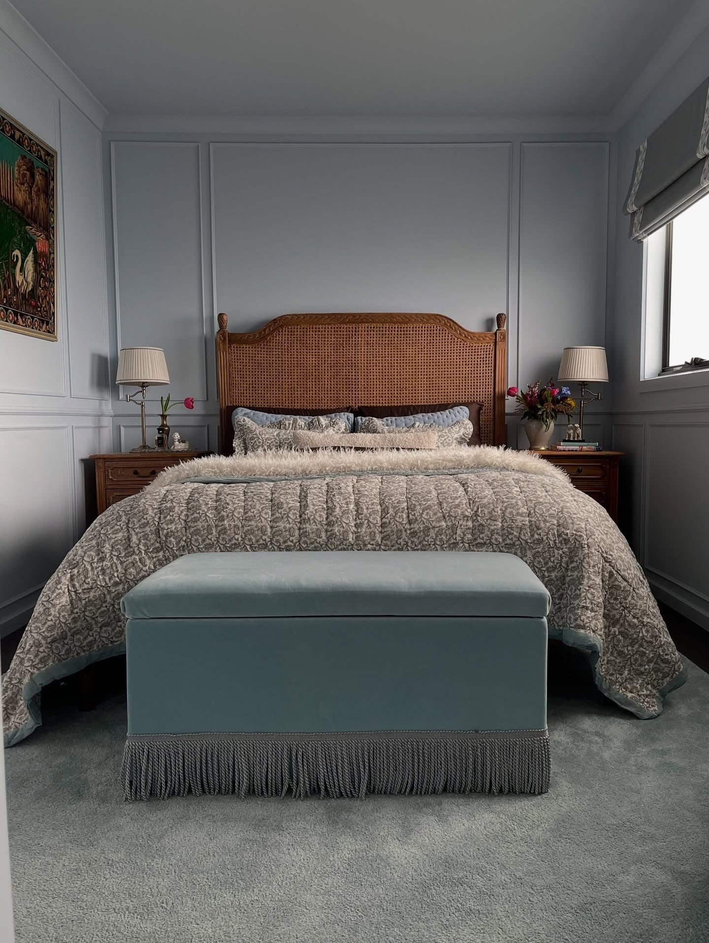 8. Vintage Texture with Modern Softness (Gray and Blue Bedroom Ideas)