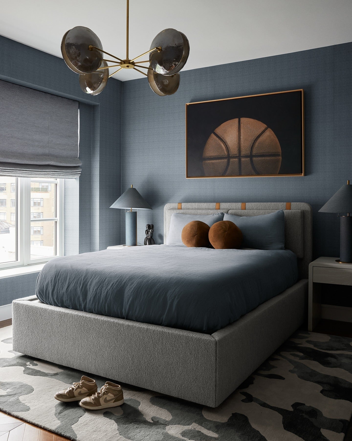 10. Moody Blues with Geometric Precision (Gray and Blue Bedroom Ideas)