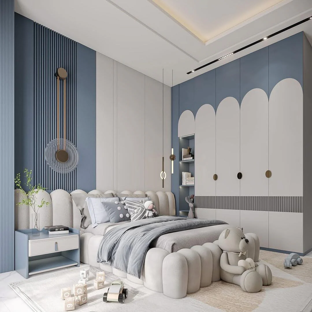 12. Playful Geometry in Blue and Gray (Gray and Blue Bedroom Ideas)